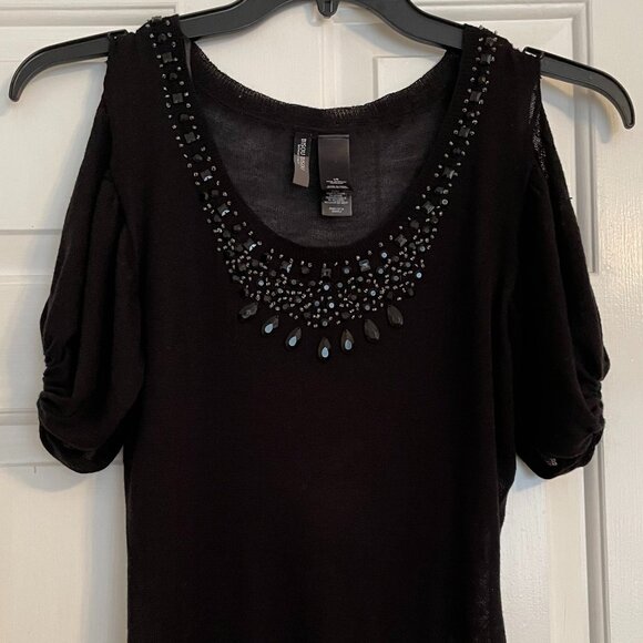 Bisou Bisou Tops - Black Bisou Bisou Cold-shoulder Bejeweled Blouse Size L